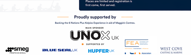Sponsor logos including UNOX UK, Smeg Professional, Blue Seal UK, Hupfer UK, FEA, West Cove Catering Repair, Kitchen Curiosity, FCSI UK & Ireland, CEDA, Jestic Foodservice UK and Keith Elkington Transport Ltd